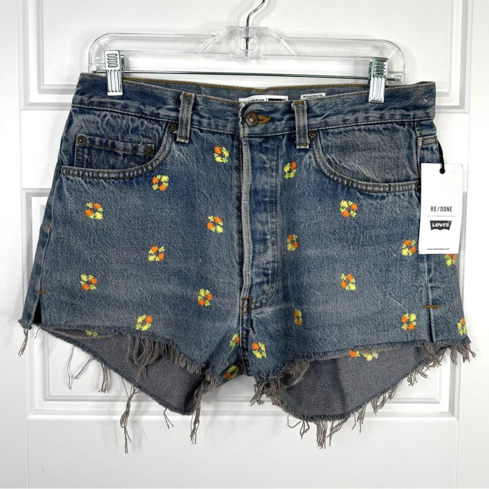 RE/DONE Levi’s The Short NEW Size 28 Floral Indigo Embroidered Jean Shorts